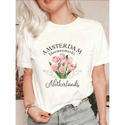T-shirt da Donna Oversize a Maniche Corte con Stampa del Mercato dei Fiori di Amsterdam Tulipano Rosa e Testo "Paesi Bassi"