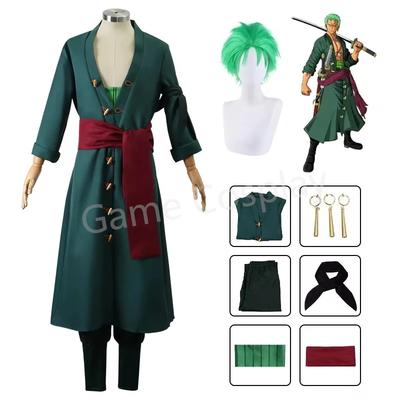 Anime Roronoa Zoro Cosplay Kostume Uniform Grøn Frakke Bukser Hovedtørklæde Roronoa Zoro Paryk Øreringe Halloween Karneval Mænds Tøj