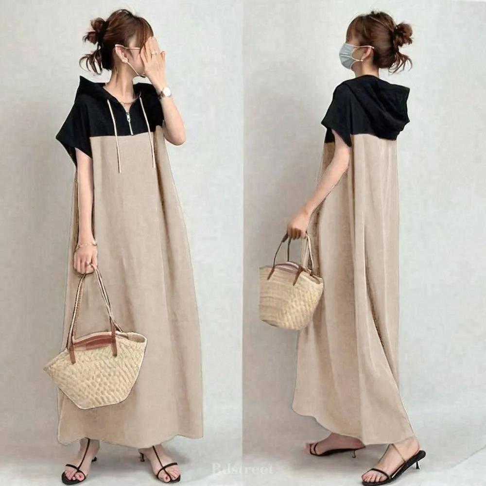 Summer 2026 Women's Japanese Style Hooded Patchwork Casual Loose Midi Dress with Short Sleeves