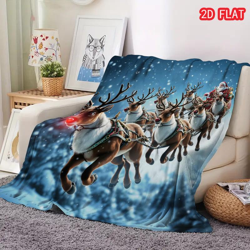 Santa Sleigh Reindeer Christmas Blanket, Santa & Rudolph Winter Snow Print Flannel Throw Blanket for Sofa Bedroom Holiday Decor