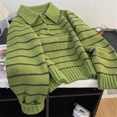 Damen Frühlings- und Herbst-Y2k Grün Gestreiftes Sweatshirt mit Umlegekragen