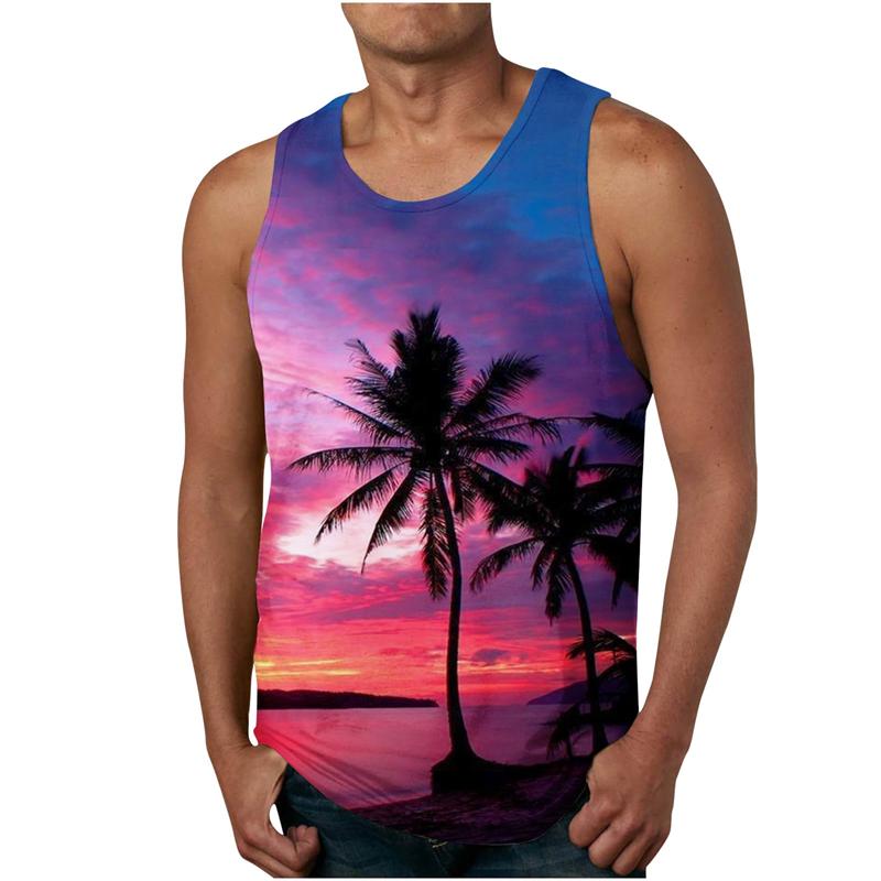 Palm Tree Graphic Tank Top For Men 3D Print Sleeveless Beach Hemp Palm Pattern Tops Paint Vest Hawaii Colorful Pigment T-shirt
