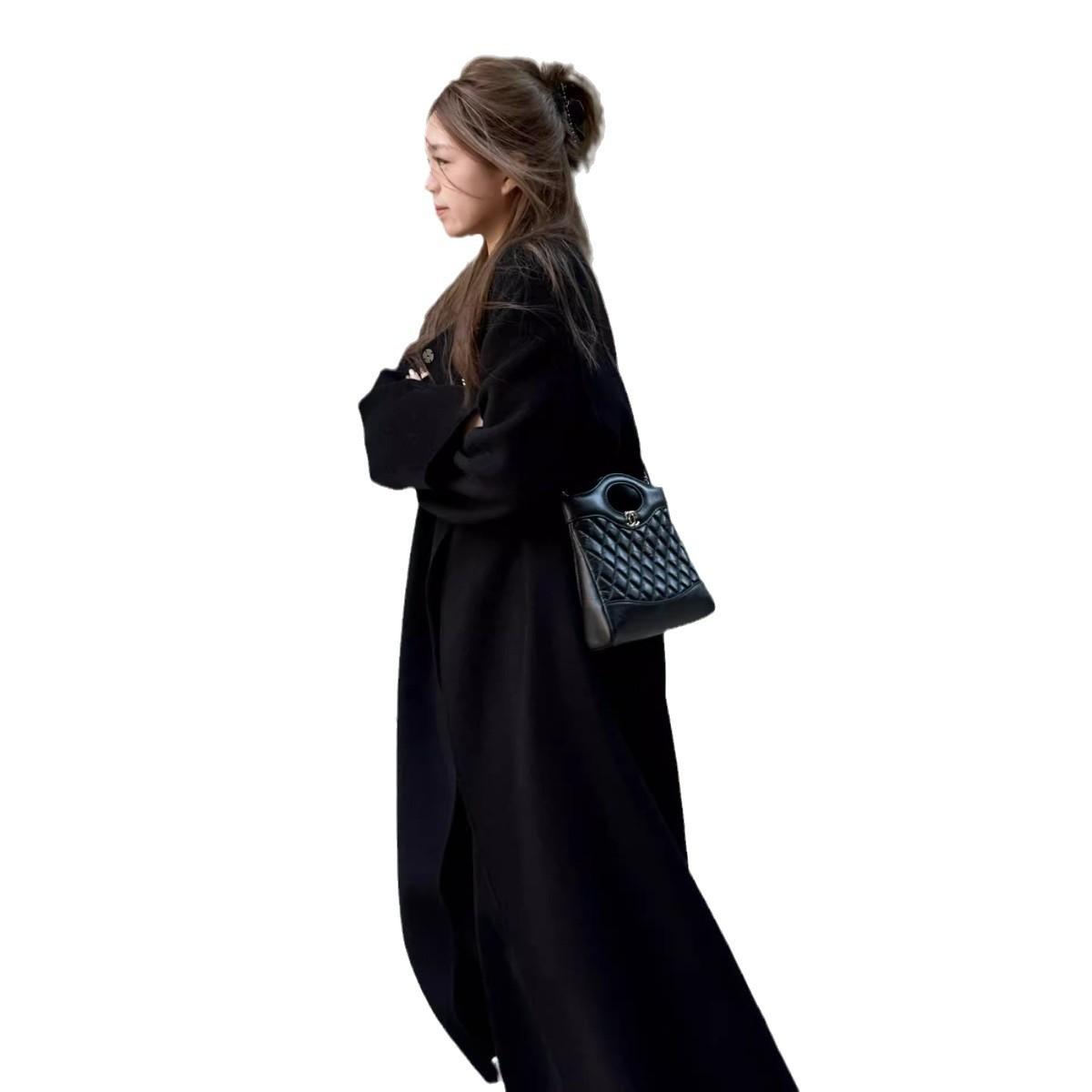 

Женское зимнее новое высококачественное шерстяное пальто средней и длинной длины для женщин L чёрный