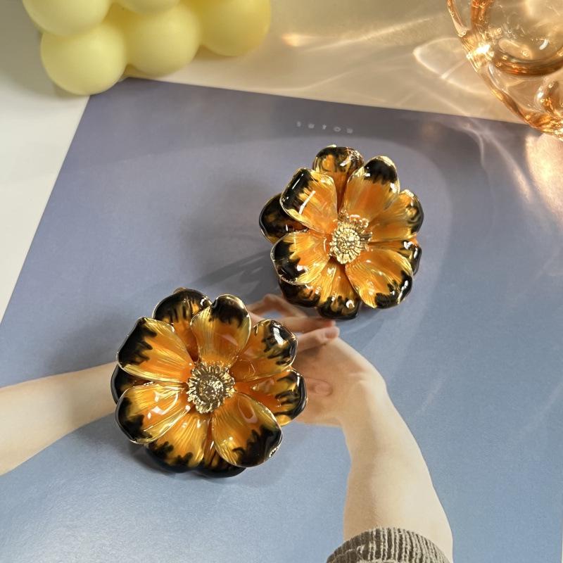 Vintage Gold Enamel Flower Ear Clips - No Piercing Needed