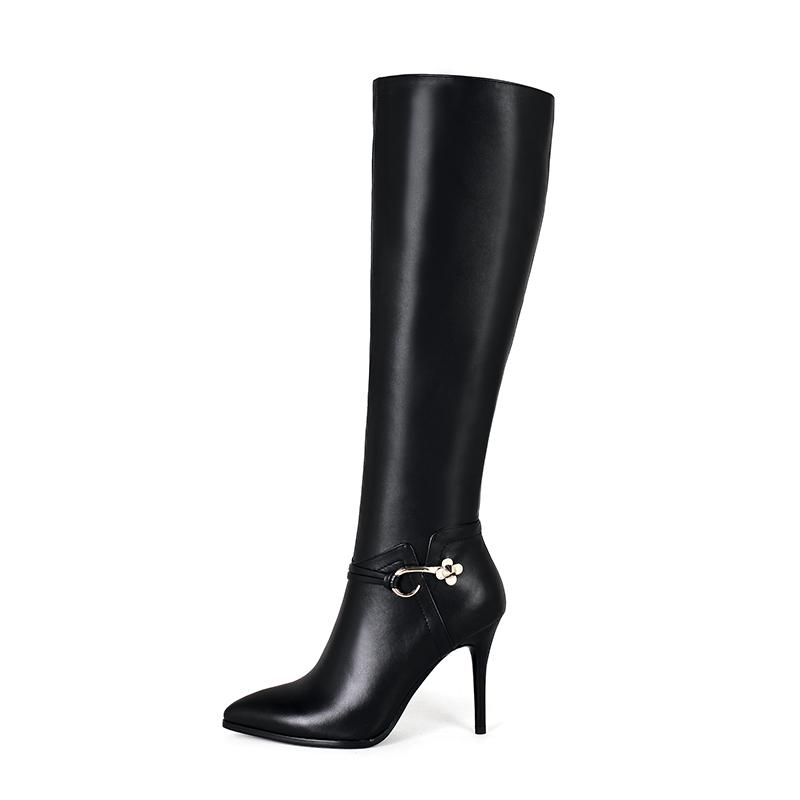 Fashion 2025 Large Size 33-43 Genuine Leather Pointed Toe Winter Shoes Woman Sexy Thin High Heels Party Boots Black uj90