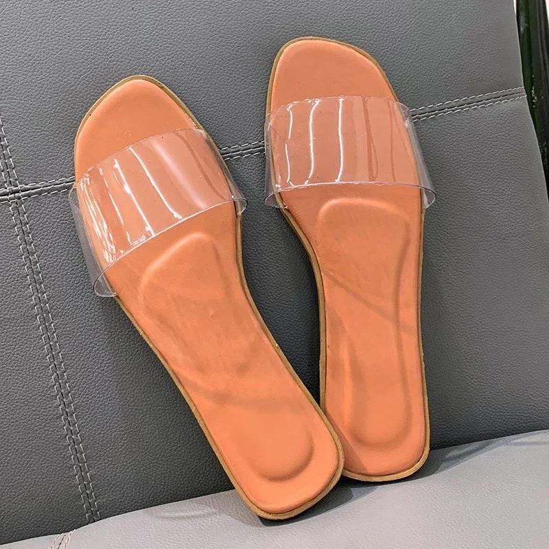 

Fashion New Summer Women S Simple Crystal Slippers Woman Transparent Flat Open Toe Solid Color One-line Beach Slippers Female Sandals 35 оранжевый