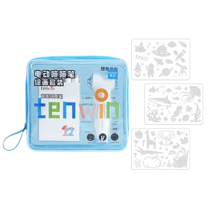 

Children Electric Airbrush Painting Set Includes 12 Color Markers And 3 Drawing Templates For Kid Painting Art Craft 1