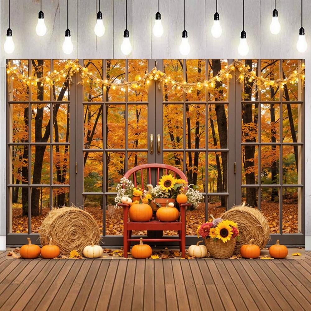 Autumn Harvest Photography Background Truck Fallen Leaves Maple Fruits Pumpkin Sunflower Thanksgiving Party Decor Photo Backdrop2