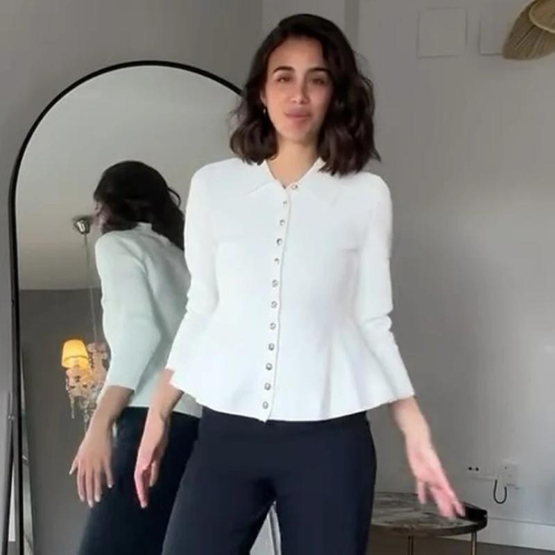 Women's Fashion Knitting Tops White Turn-Down Collar Long Sleeves Single-Breasted Cardigans Female 2025 Spring New Elegant Top