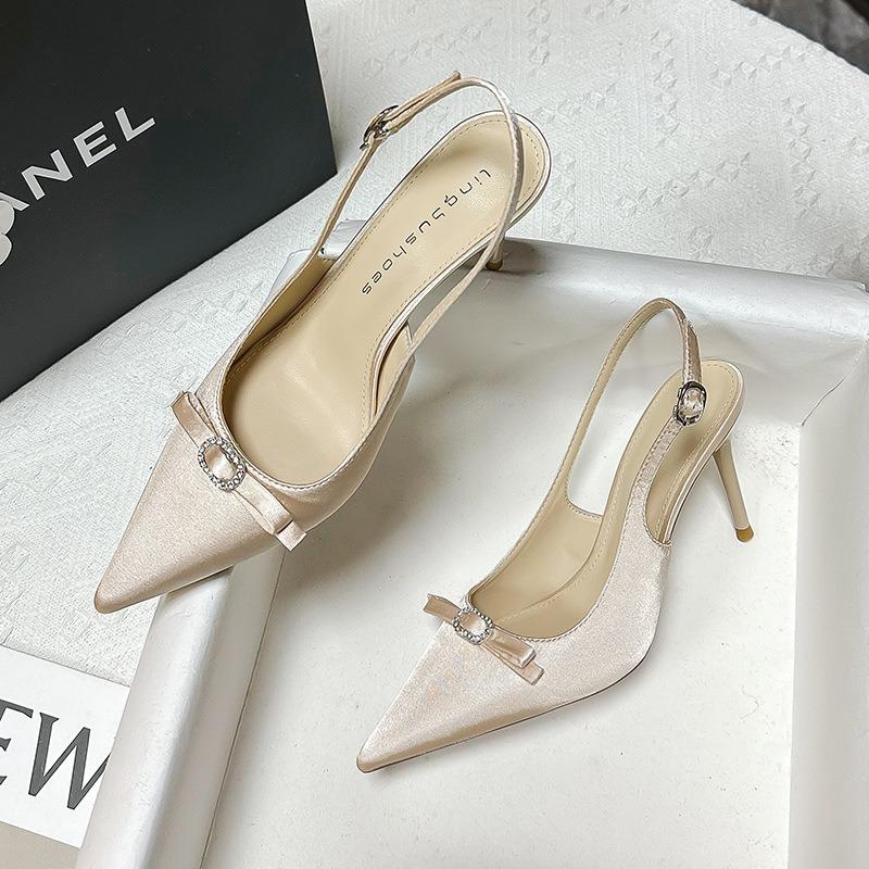 Spring and summer satin high heels women s stiletto bow temperament French pointed single shoes bag head sandals summer 34