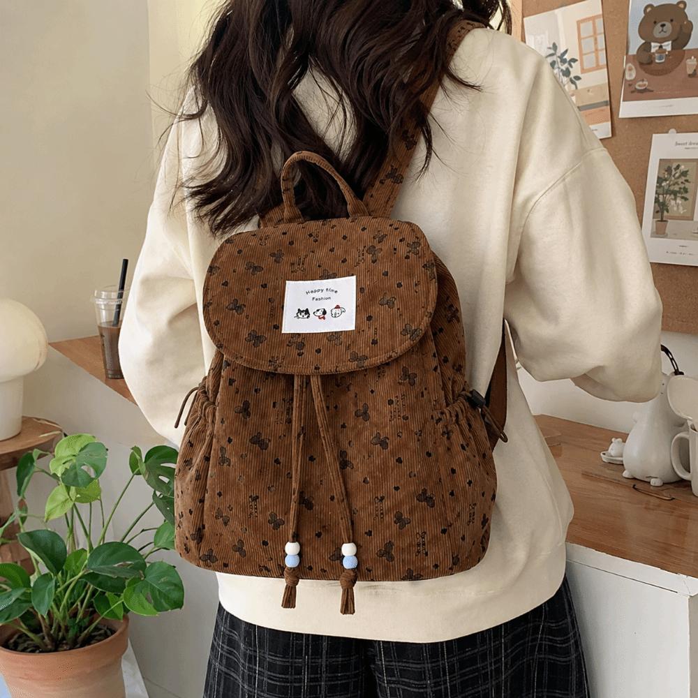 Lightweight Drawstring Daypack Casual Bookbag Fashionable Bow Print Corduroy Backpack Spring