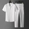 2Pcs/Set Casual Outfit for Men, Lapel Short Sleeve Shirt And Elastic Waist Loose Long Pants, Summer Ultra-Thin Ice Silk Outfit for Home And Daily Wear