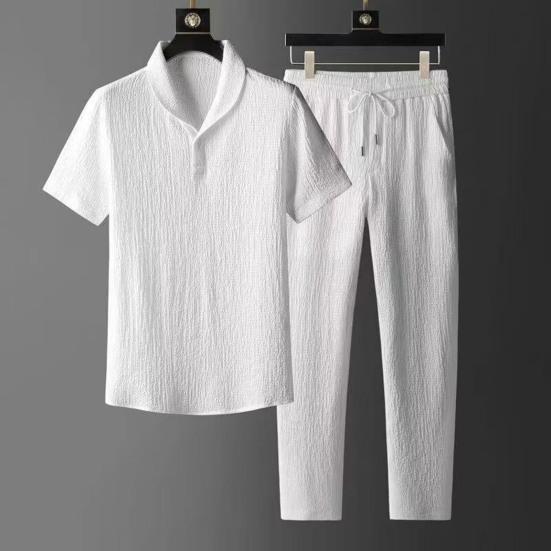 2 ks/Sada Ležérní Outfit pro Muže, Límcová Krátkorukává Košile a Elastický Pas Volné Dlouhé Kalhoty, Letní Ultra-Tenký Outfit z Ledového Hedvábí pro Domov a Denní Nošení