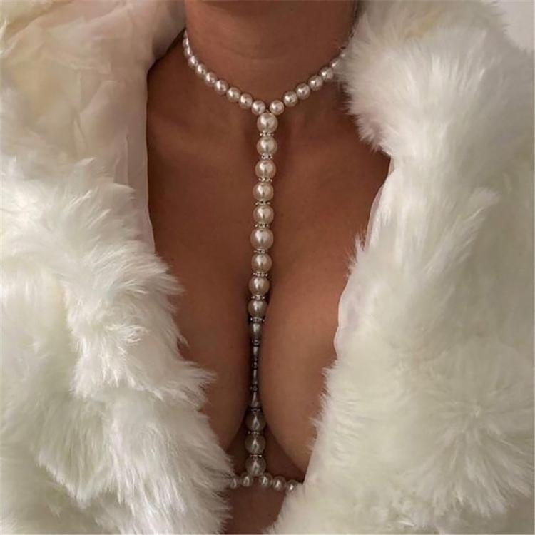 Female Body Chain Choker Jewelry Artificial Pearls Chain Formal Event Chest Chain