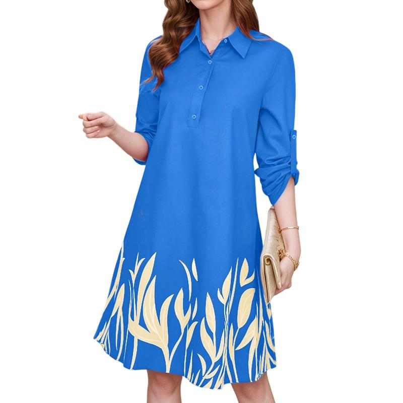 

ZANZEA Women s Turn-Down Collar Adjustable Long Sleeve Printed Shirt Dress синий