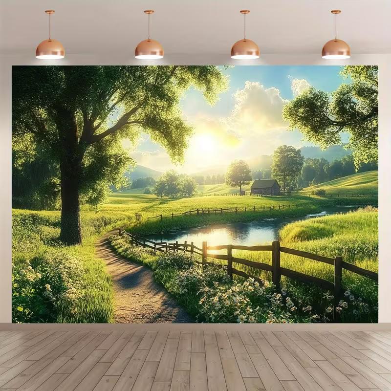 2D Sunrise Farm Backdrop Green Pastoral Landscape Photography Background