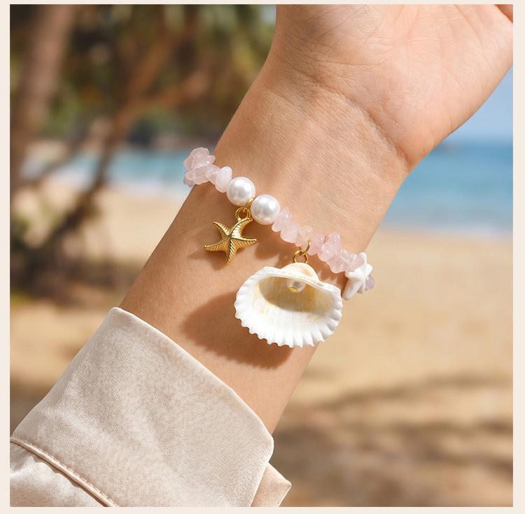 Starfish Shell Crushed Stones Pearl Beads Bracelet for Women, Gold Color Summer Beach Aesthetic Jewelry