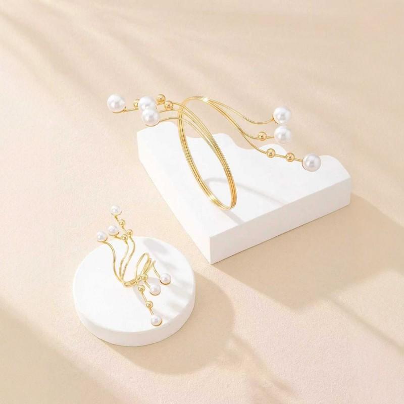 Geometric Pearl Bracelet Set With Open-Finger Ring Alloy Jewelry Women Casual Chic Accessory
