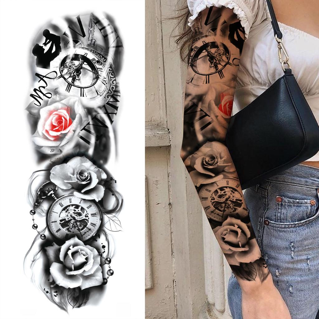 1 Sheet Long Sleeve Temporary Tattoos For Men Women Flower Skull Lion Wolf Tiger Nun Fox Compass Tattoo Sticker Body Art Arm Leg