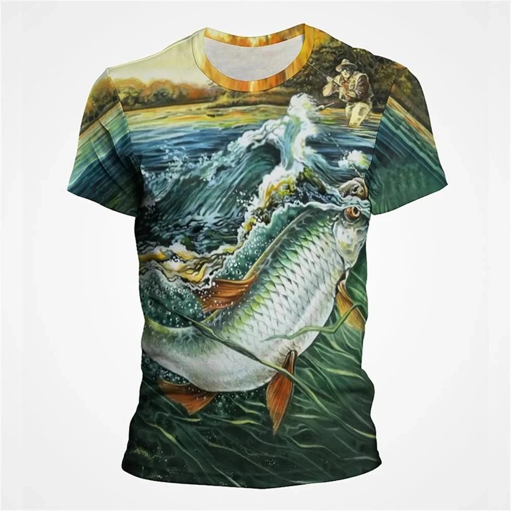 Men's Outdoor Fishing T-shirt, Casual Breathable Top, Short Sleeved, 3D Printed, Sporty and Fashionable Fitness, Large Size, Summer