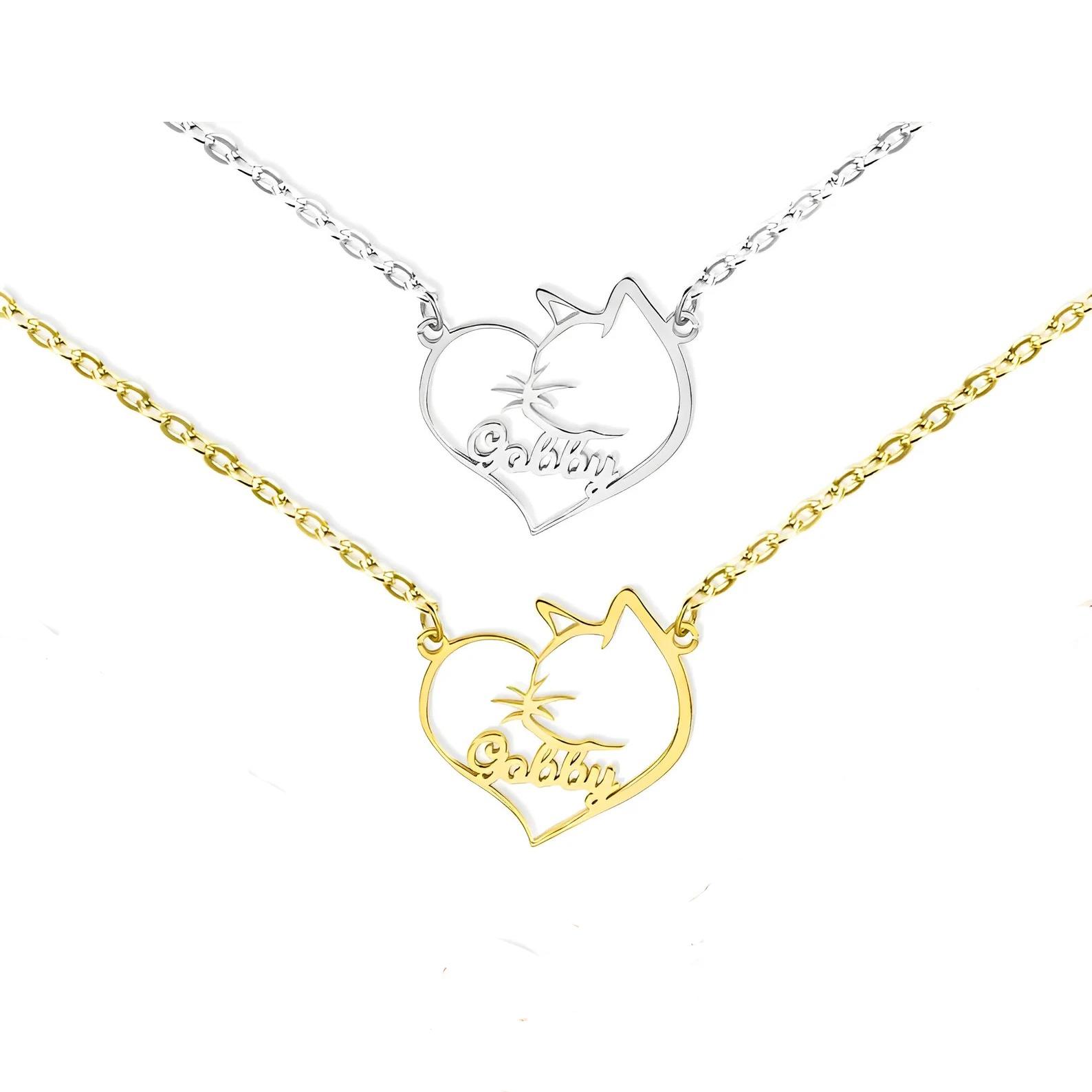 Dreamtimes Custom Name Cat Silhouette Heart Necklace Dog Silhouette Name Necklace Personalized Horse Silhouette Necklace 35cm&Font cat белый