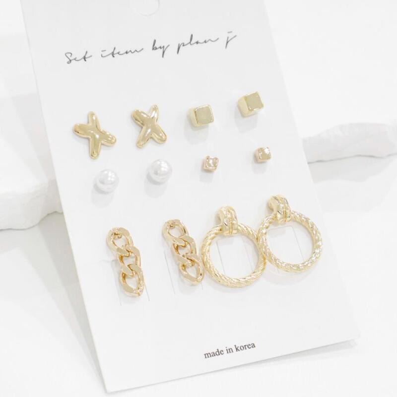 

Women s Chain Minimal Pearl Silver Earrings Set A28896_Gold