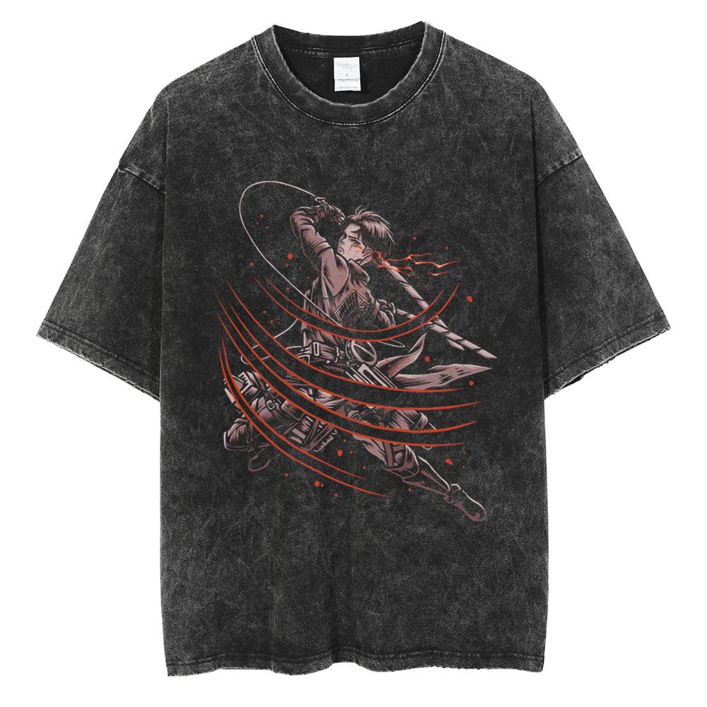 Eren Jager Attack on Titan Summer Streetwear Washed T-Shirt Anime Graphic Print TShirt Men Harajuku Cotton Oversize Vintage Tee