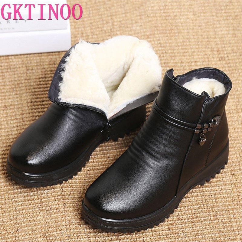 Fashion GKTINOO Solid Black Women Snow Boots Classic Plush Winter Shoes Female Ankle Boots Plus Size 35-43 Ladies Leather Booties