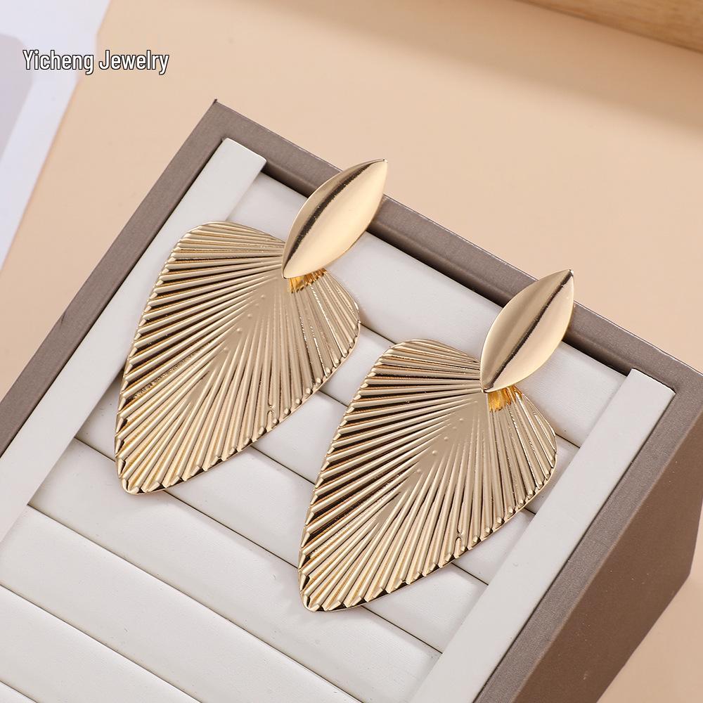 Stylish Geometric Metal Leaf Earrings: High-End, Sexy European & American Design for Women