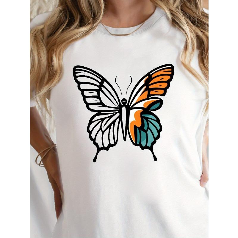 

Butterfly Print Crew Neck T-shirt, Casual Short Sleeve Top For Spring & Summer, Women s Clothing S белый