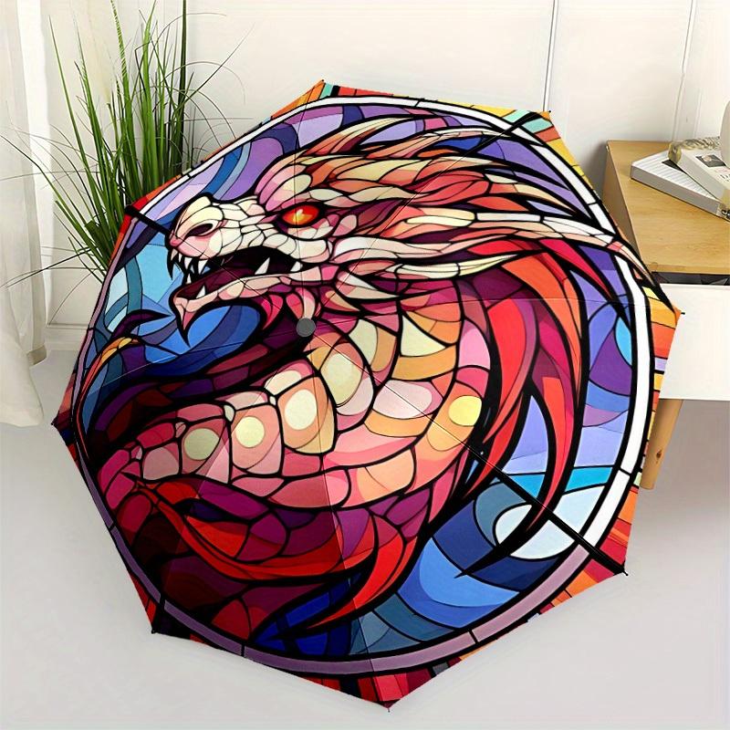1pc Dragon StainedGlass Automatic Open/close Folding Compact Umbrella, 8-Rib Sturdy Canopy, Lightweight Portable, Everyday Use, Gift, Outdoor Umbrella