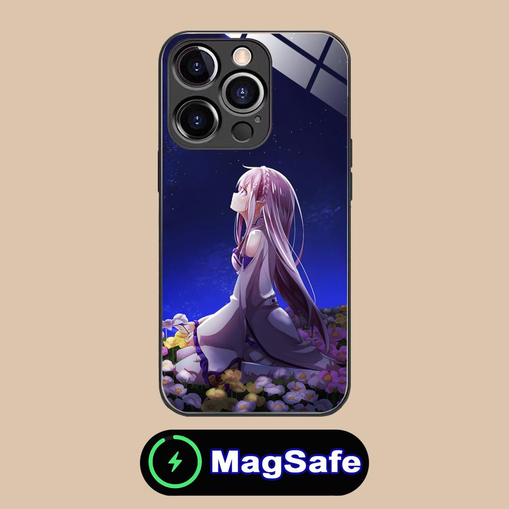 ReZero Emilia Waifu Mobile Phone Case for iPhone 17 16 15 14 13 12 11 Air Pro Max Plus Mini MagSafe Glass Colorful Cover Luxury