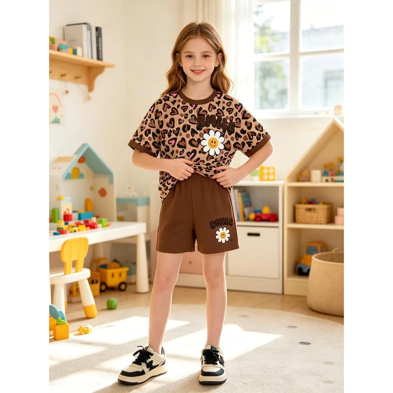 Girls' Floral Print Two-Piece Set Stretch Fabric Dress Popular Style Girls' Clothing Outfit