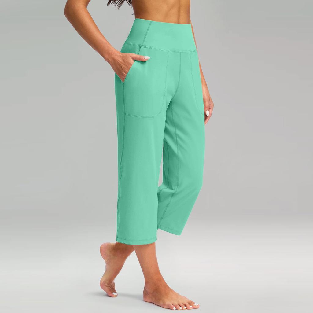 Women  Elastic High Waist 3/4 Pant Casual Active  Fit Wide Capris Leg Pants Trousers With Pockets