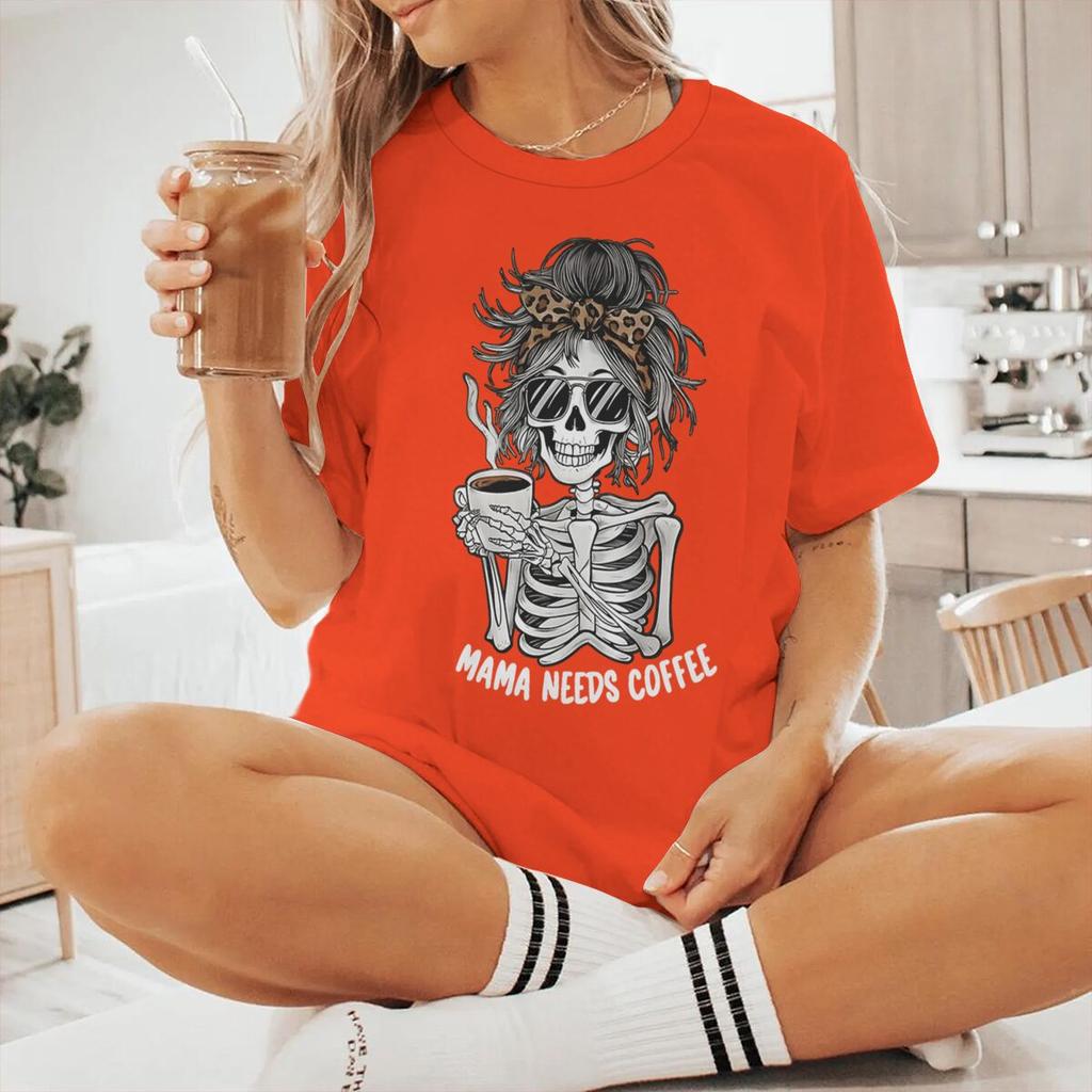 Mama Needs Coffee Vintage Womens Tshirts Fun Skeleton Coffee Print Graphic Short Sleeve T Shirt Casual Coffee Mom Tshirts Gift