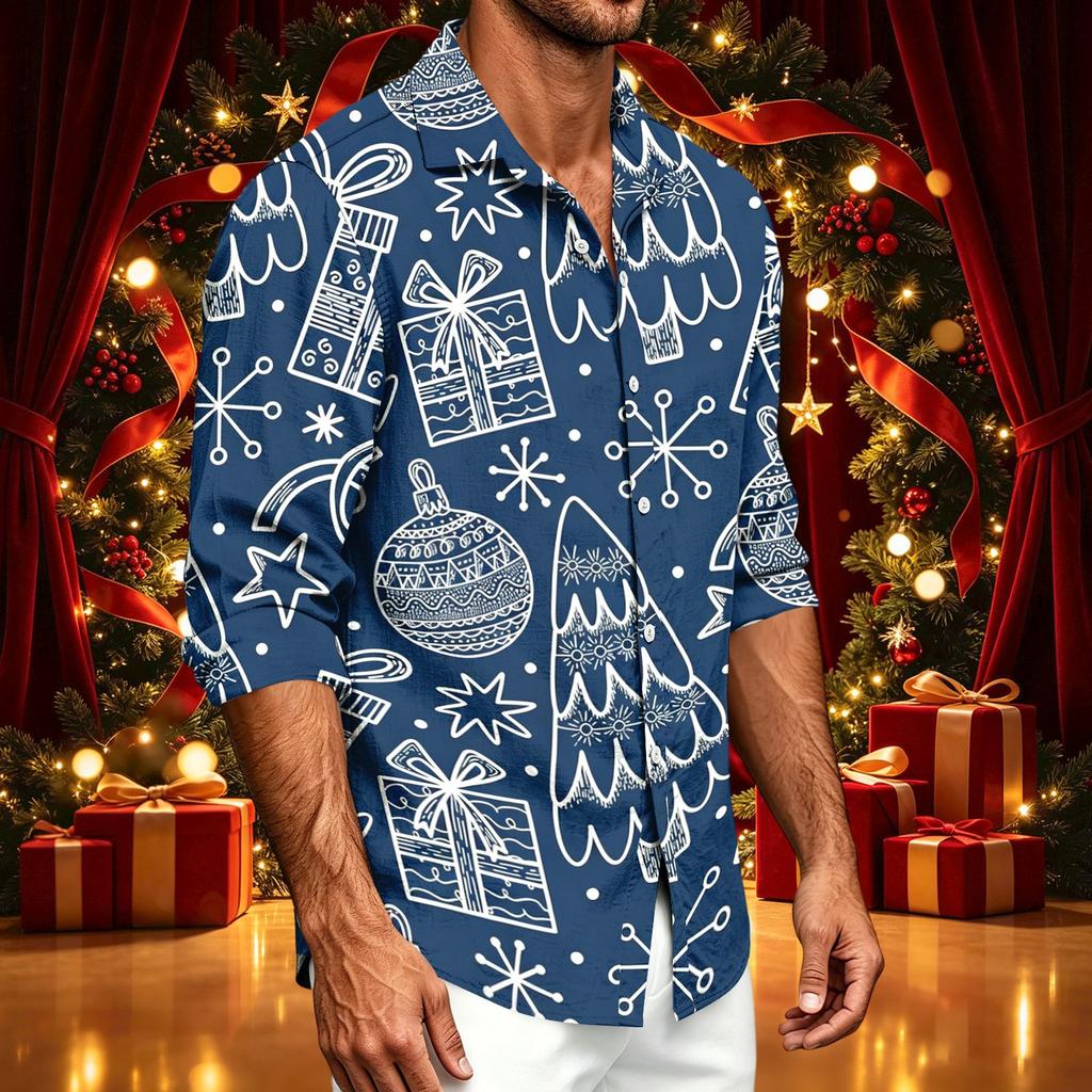 Men's Casual Long Sleeve Christmas Print Shirt for Holiday Party
