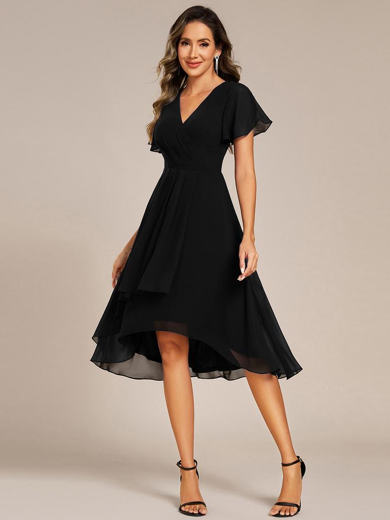 Ever-Pretty Women's Short Sleeve V-Neck Ruffled Floral Asymmetrical Midi Wedding Guest Dress