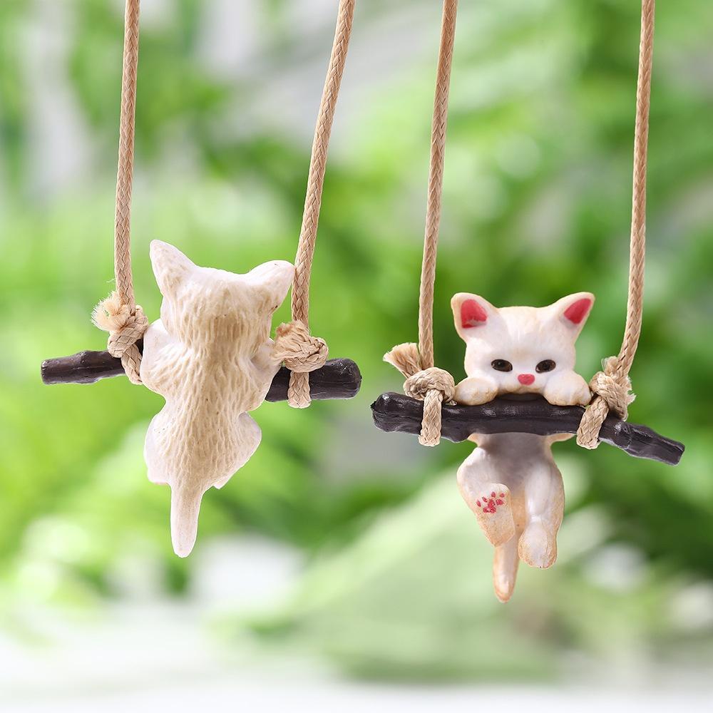 Creative Car Rearview Mirror Pendant Cute Cat Branch Swing Hanging Pendant Car Interior Decoration Car Interior Accessories