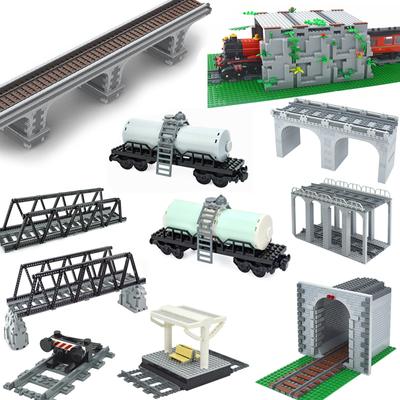 MOC Train Tunnel Exit Entrance Model Set City Train Container Oil Tank Kits Mountain Railway Track Traffic Lights Leduo