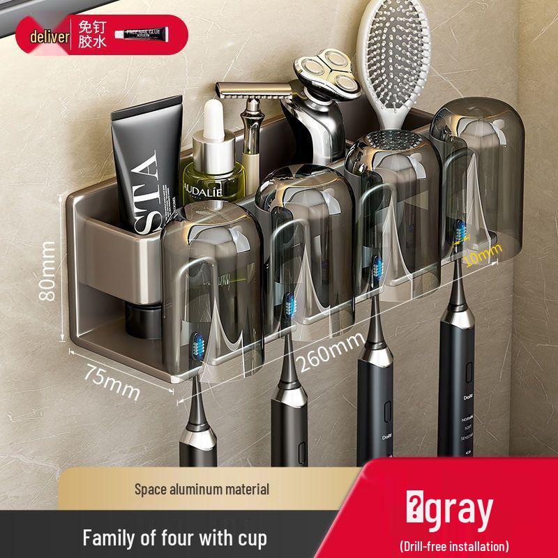 No-Punch Wall-Mounted Toothbrush and Cup Holder for Bathroom