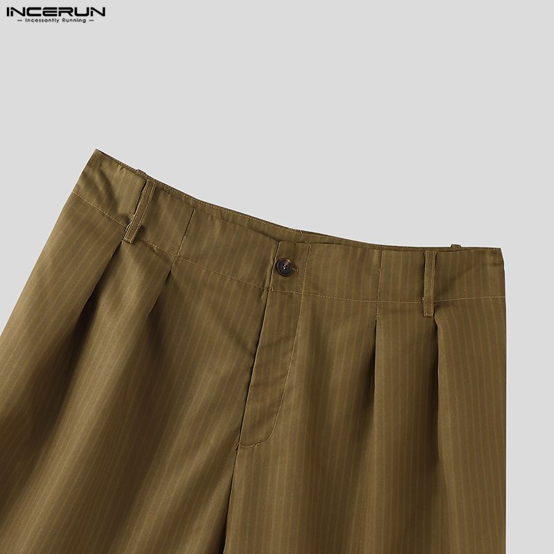 INCERUN Men Zip-up Waist Striped Ruffled Hem Loose Half Pants Shorts