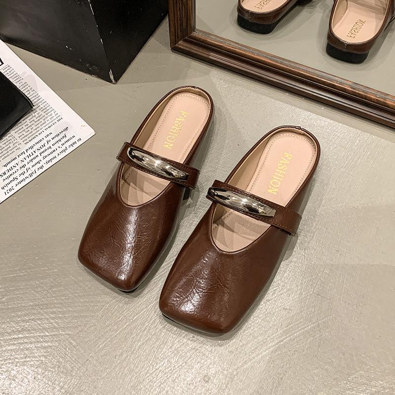

Французские ретро туфли Мэри Джейн с круглым носком, неглубоким вырезом и плоской подошвой, крутые тапочки, женские летние 2025, новые темпераментные тапочки, тренд 40 коричневый