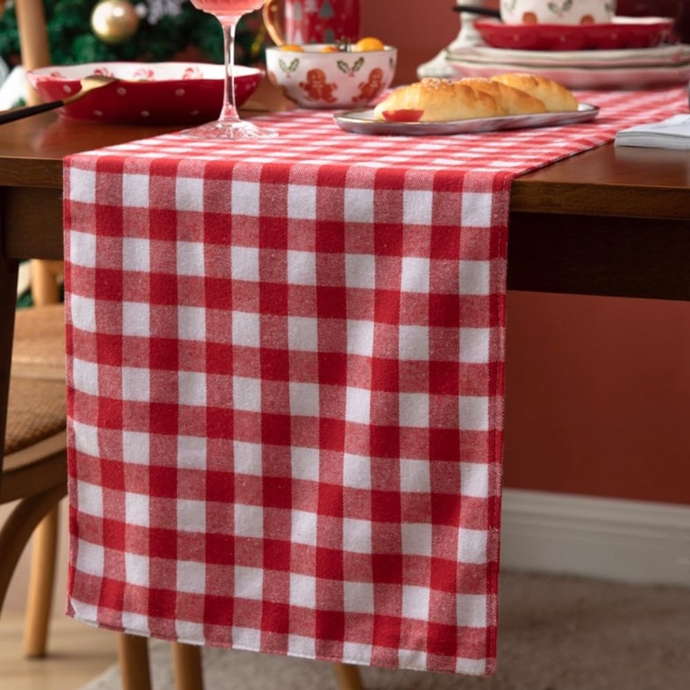 Home Linen Gingham Check Table Runner Cotton&Line Red Burgundy Checkered Table Runner Kitchen Dining Table Decoration Cover Perfect for Home Kitchen 12x55 Inches