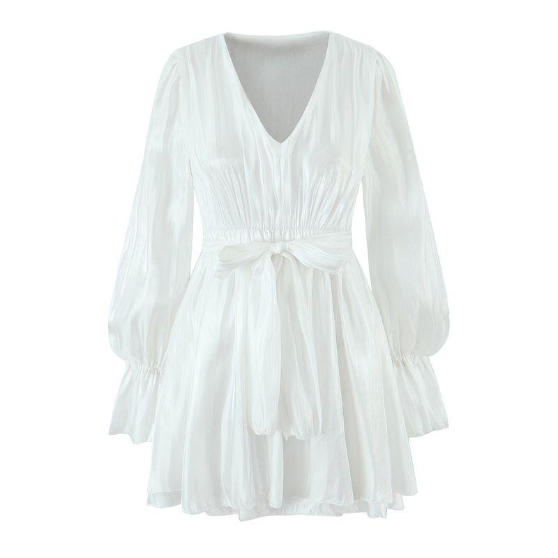 

Xingguang French Style Fancy Fairy Dress Pure Desire Sweet Lotus Leaf Sexy V-neck Lace-up Waist-Controlled Dress Starlight White L