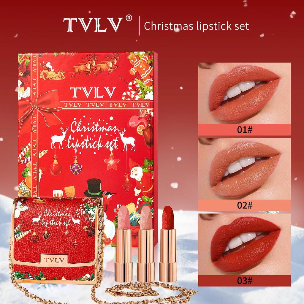TVLV Christmas Nude Three-Piece Matte Lipstick Set: Long-Lasting, Smudge-Proof, Enhances Elegance