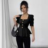 Women's Square Neck Puff Sleeve Peplum Top Elegant Button Down Slim Fit Blouse