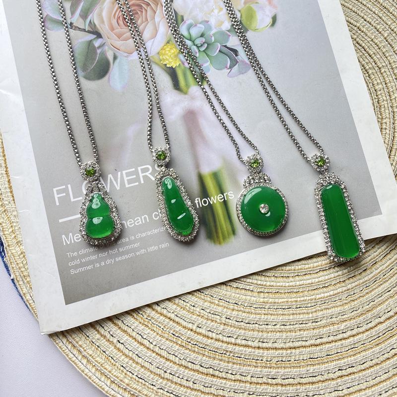 Imitation Jade Green Pendant Necklace with Diamond Accents and Stainless Steel Chain