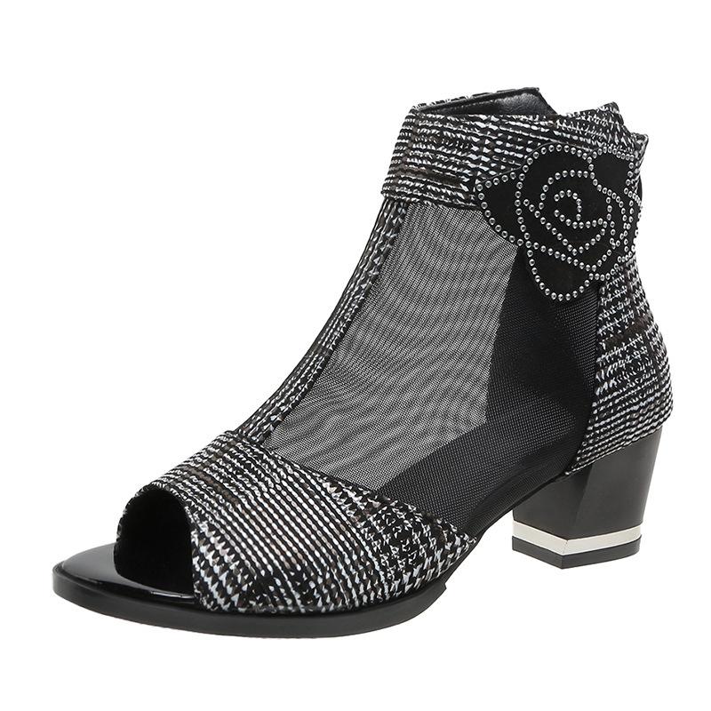 

2024 Летние женские босоножки Fish Mouth Shoes Женская обувь среднего каблука большого размера Дышащая женская обувь Кружевная сетка Высокий каблук 41 черный белый