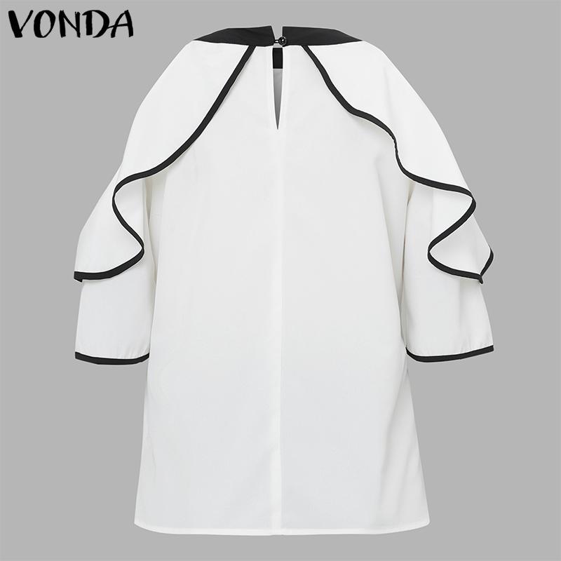 VONDA Women Cold Shoulder Ruffled Sleeve Bow Knot Casual Stitching Blouse