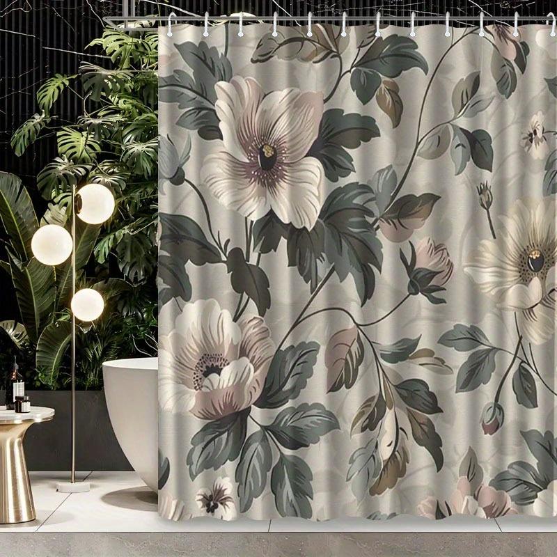 1pc Grey and beige botanical patterned shower curtain, polyester fabric, machine washable, suitable for bathroom decor.